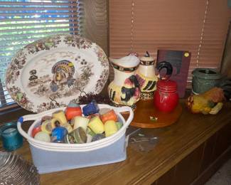 Large Turkey Platter (Sold), Wood Lazy Susan, More Rooster Items