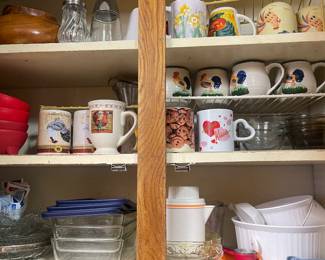 Pyrex Glass storage, Corelle French White, rooster mugs and more