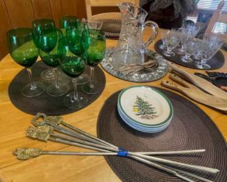 Brass Skewers, Forest Green Glass Wine Goblets, Spode Christmas Tree Dessert Plates 