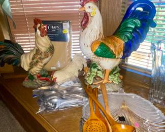 Large Rooster Figurines (sold) , Mikasa Serving Dish, Wooden Utensils, Signed Silverware