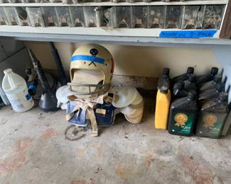 Vintage football gear, motor oil