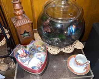 Glass terrarium,  Pinbacks, Metal Candle Holder 