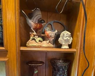 Vintage Binoculars, Candles , Mosaic Glass Vase, Bird Figurines 