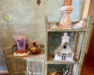 Rattan shelf, Hager Pottery, Birdhouses 