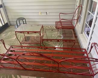 Vintage 1970's Brown Jordan Wrought Iron sofa, rocker, and 2 tables. Cushions included.