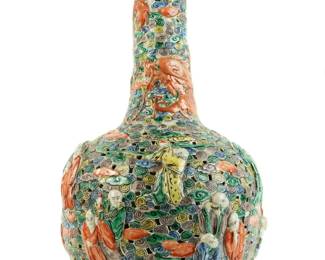 Lot 87: Chinese Famille Verte Molded Bottle Vase 18 Arhats