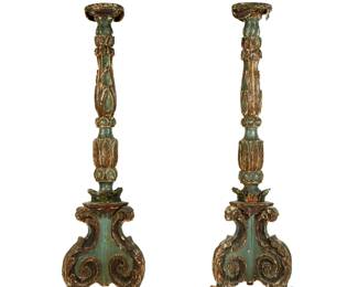 Lot 145: Pair 18th C. Italian Carved & Painted Prickets