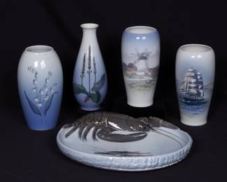 Lot 318: Five Piece Danish Porcelain Vases and Lobster Plate