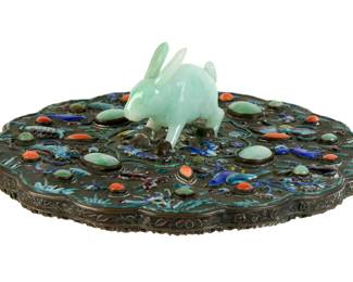 Lot 71: Chinese Silver Jade Coral and Enamel Hand Mirror