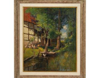 Lot 301: German Grobe Farmhouse with Chickens Painting