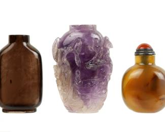Lot 391: Three Chinese Amethyst, Stone, and Glass Snuff Bottles