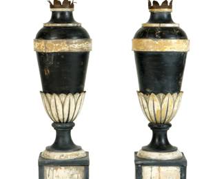 Lot 147: Pair Italian Painted Urn Form Pricket Tops