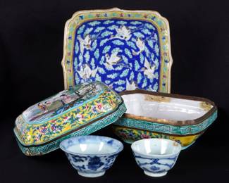 Lot 360: Four Piece Chinese Bowls, Compote, and Enamel Box