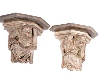 Lot 329: Pair Antique Carved Figural Monk Wood Sconces