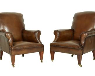 Lot 101: Pair English Brown Leather Library Armchairs