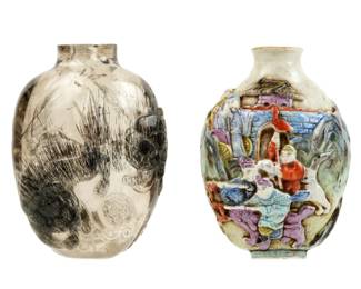 Lot 393: Two Piece Hair Quartz and Famille Rose Snuff Bottles