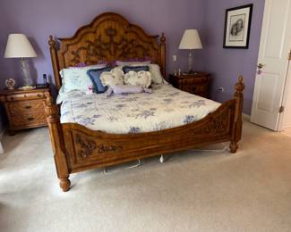 King carved wood  bed matching dresser and nightstands 