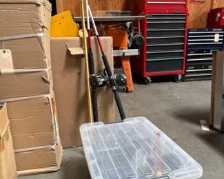 #3024 • 2 Fishing Poles & Spear & Tote With Reels & Fishing Gear
