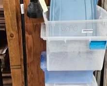 #4090 • Floor Lamp with Approx 6 Plastic Totes
