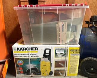 #3018 • Karcher Electric Pressure Washer, Bench Grinder, Tools, and Tote
