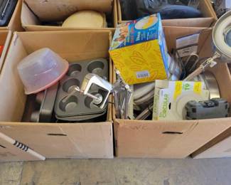 #2524 • Two Boxes of Kitchen Pans and Household Items

