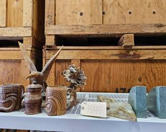 #1544 • Wooden Mugs and Statues with 2 Stone Bookends
