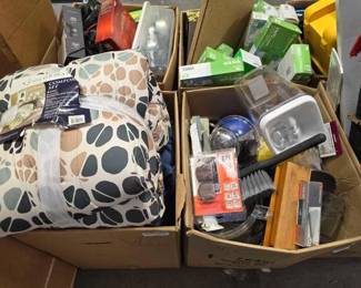 #2514 • 4 Boxes of Kitchen utensils Levi's Wranglers Comforter Vinyl Gloves Roku Boxes
