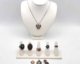 #500 • Sterling Silver Rings, Necklace, and Pendants, 67g
