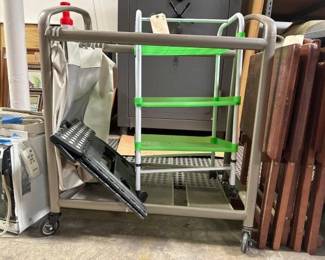 #4032 • Plastic shelf Plastic stepping Stole Metal laundry hamper on wheels
