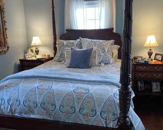 Ethan Allen Queen bed and night stands, luxury linens