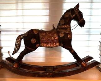 Antique wood carved rocking horse (decorative) with decorative metal 