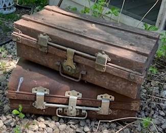 Vintage primitive handcrafted large iron money chest box (both rusty, one intact)