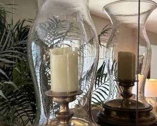 Pair (2) of brass and glass Hurricane candlesticks, 22" tall x 11 1/2" wide