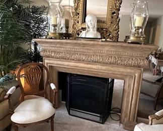 Ethan Allen Louis XVI French Style Montgolfier Balloon Back Armchair, Gorgeous resin mantle and surround portable fireplace (72"wide, 48"height, 15" deep.  Ornate guilded antique frame (38"x30")
