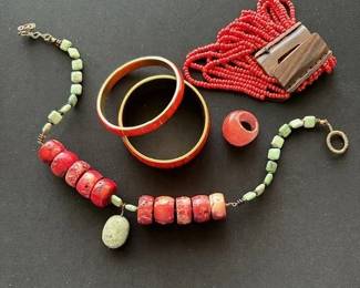 Red coral inlay brass bangles, Tibetan red lampwork glass necklace, and 