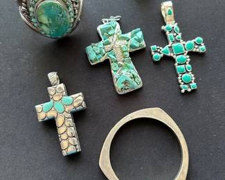 Large sterling bracelet with tourqoise cuff bracelet, 3 cluster crosses