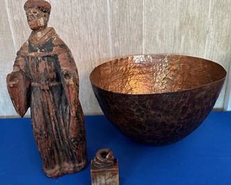 Antique wooden Santos,  copper bowl