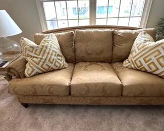 Ethan Allen arched back Whitney sofa, 86"wide x 37" high,  Marge Carson side table