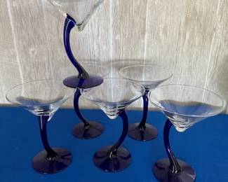 Vintage Martini glasses Libbey Bavura Cobalt Blue Curved stem 