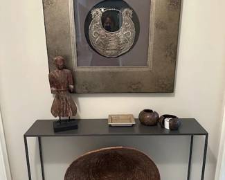 Room and Board console table, Framed Cuadro Collar ceramonial plate chin, hand woven African basket