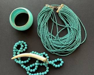 Vintage aqua wide metal bracelet, and aqua colored beaded necklaces