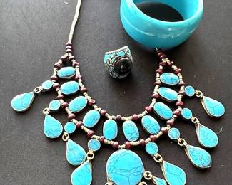 Turquesa Kuchi tribal belly dance collar, bangle bracelet and turkish ring