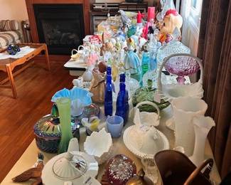 Carnival Glass, Milk Glass, MCM Art, Glass, Lamps, Bar Ware, Lots of Brass, Art Glass Paper Weights, 
