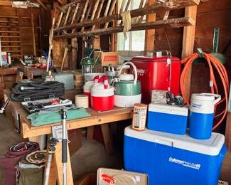 Red Pleasure Cooler Vintage and Lots of Colemen Coolers as well ....Hedger, Shop Vac....Fishing Gear, Camping Gear, Grills, 