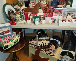 Christmas Decor' Cardinals, Hallmark Keepsake Ornaments. Records 45's circa 70's. LP's Dolly Parton, Beach Boys, Crystal Gayle, Elvis.  