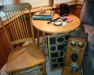 Dropleaf Side Table, Antique Phone. Small rocker. 