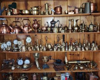 Copper and Brass, Serving Pieces. Bells, Vases, Pitchers, Clocks, Kettles, Coffee Grinders, Decorative Elements. Cast Iron Mickey (new stock) Duck Planter. 