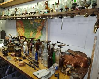 Antique Soldering Torches. Copper Planters, Decanters 