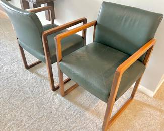Green leather wood framed chairs $45ea