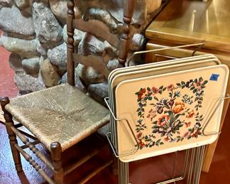 Cane seat antique upright chair $35
Vintage metal tray table set with stand $40 sold
